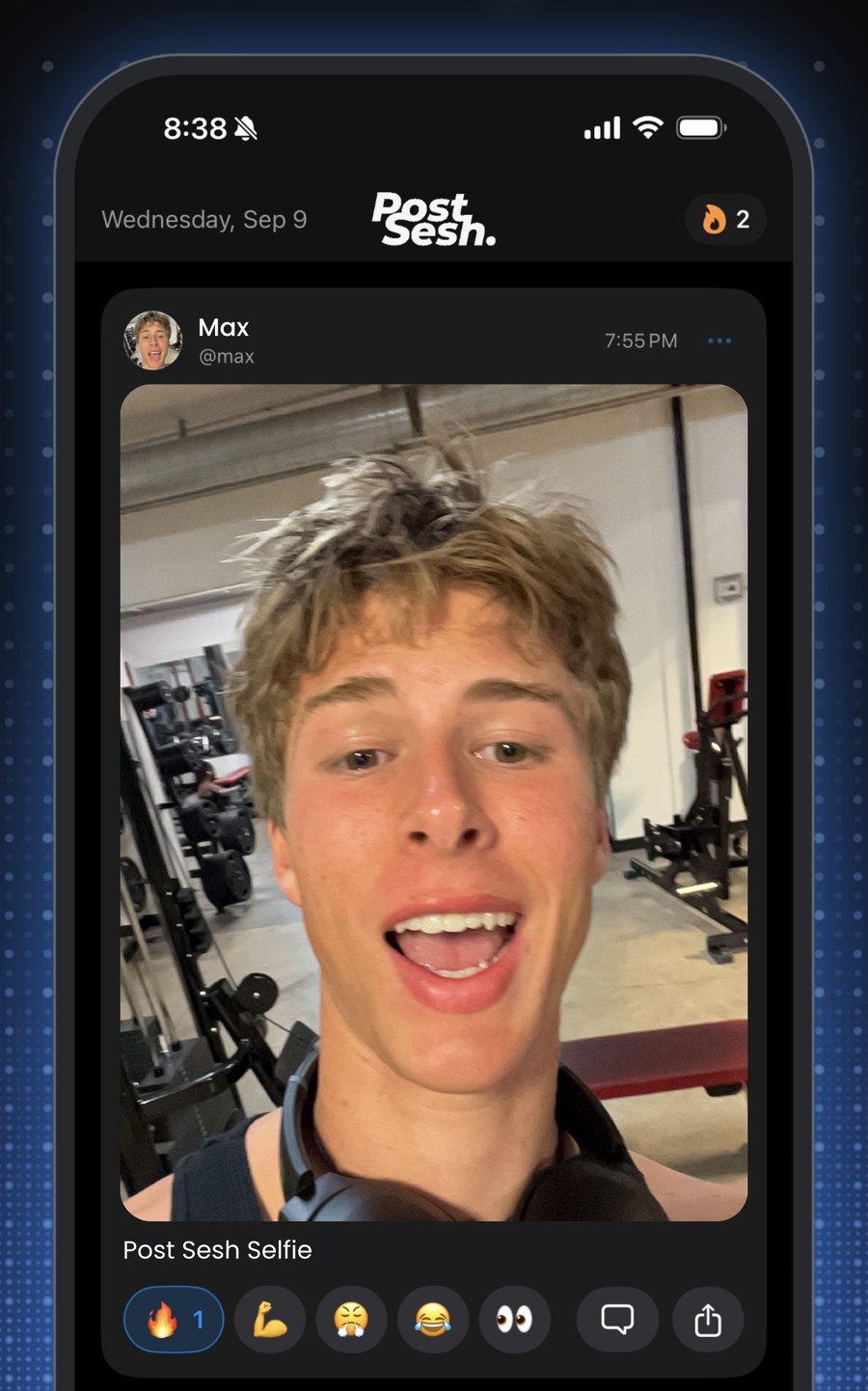 An unlocked feed showing a friend's post-workout selfie