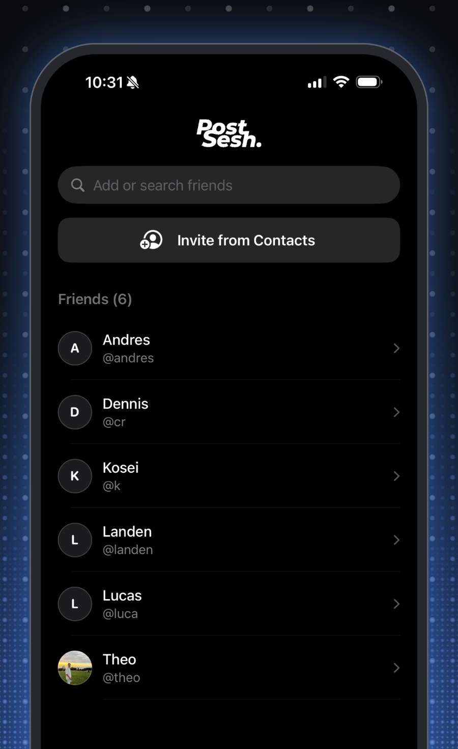 The Friends screen with search and invite from contacts