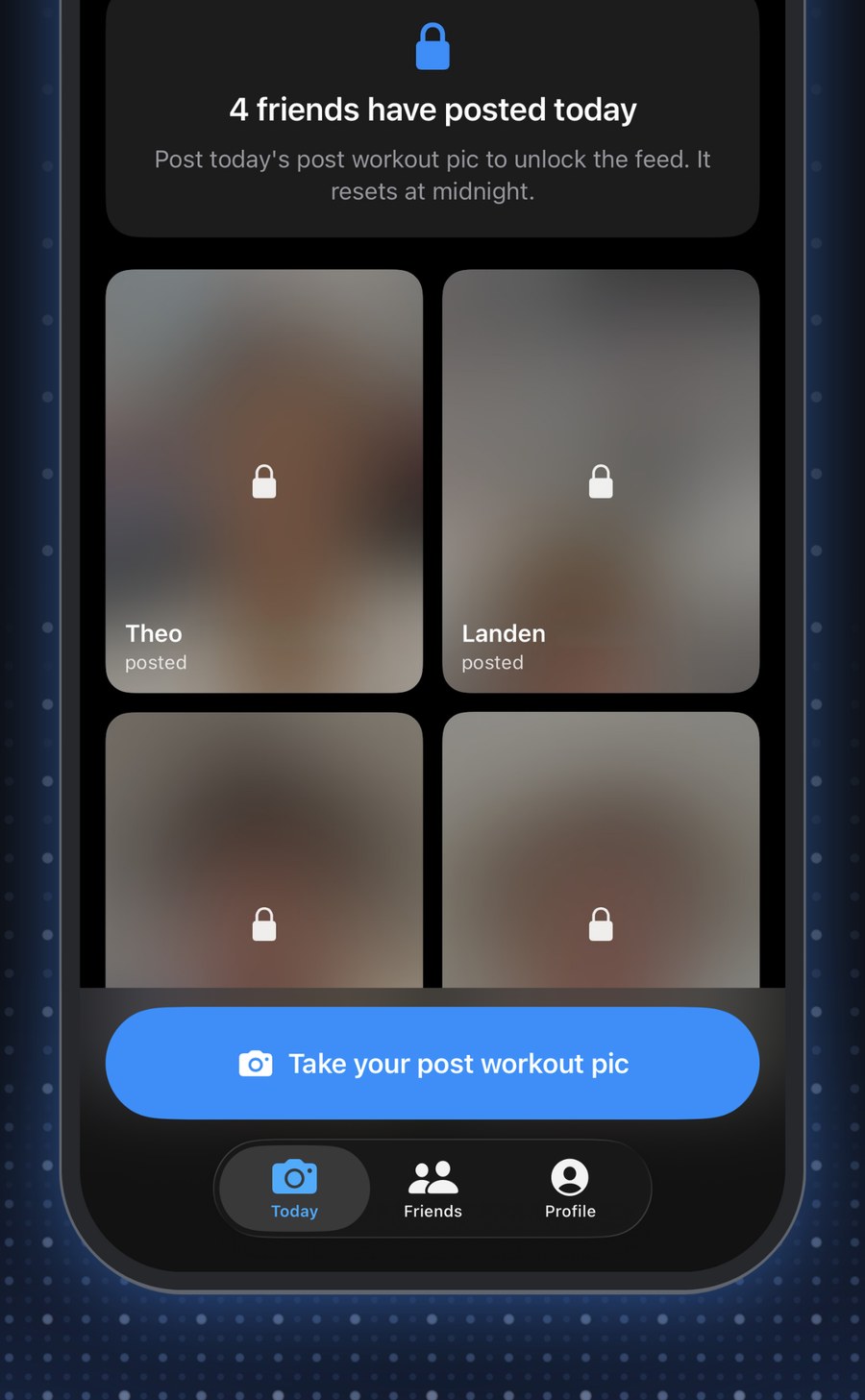 The Today feed with friends' posts blurred and locked until you post